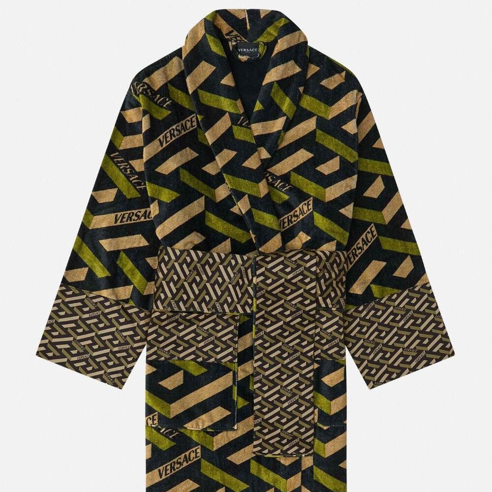 Versace La Greca Embroidered Sequence Silk Bathrobe In Khaki Size Medium